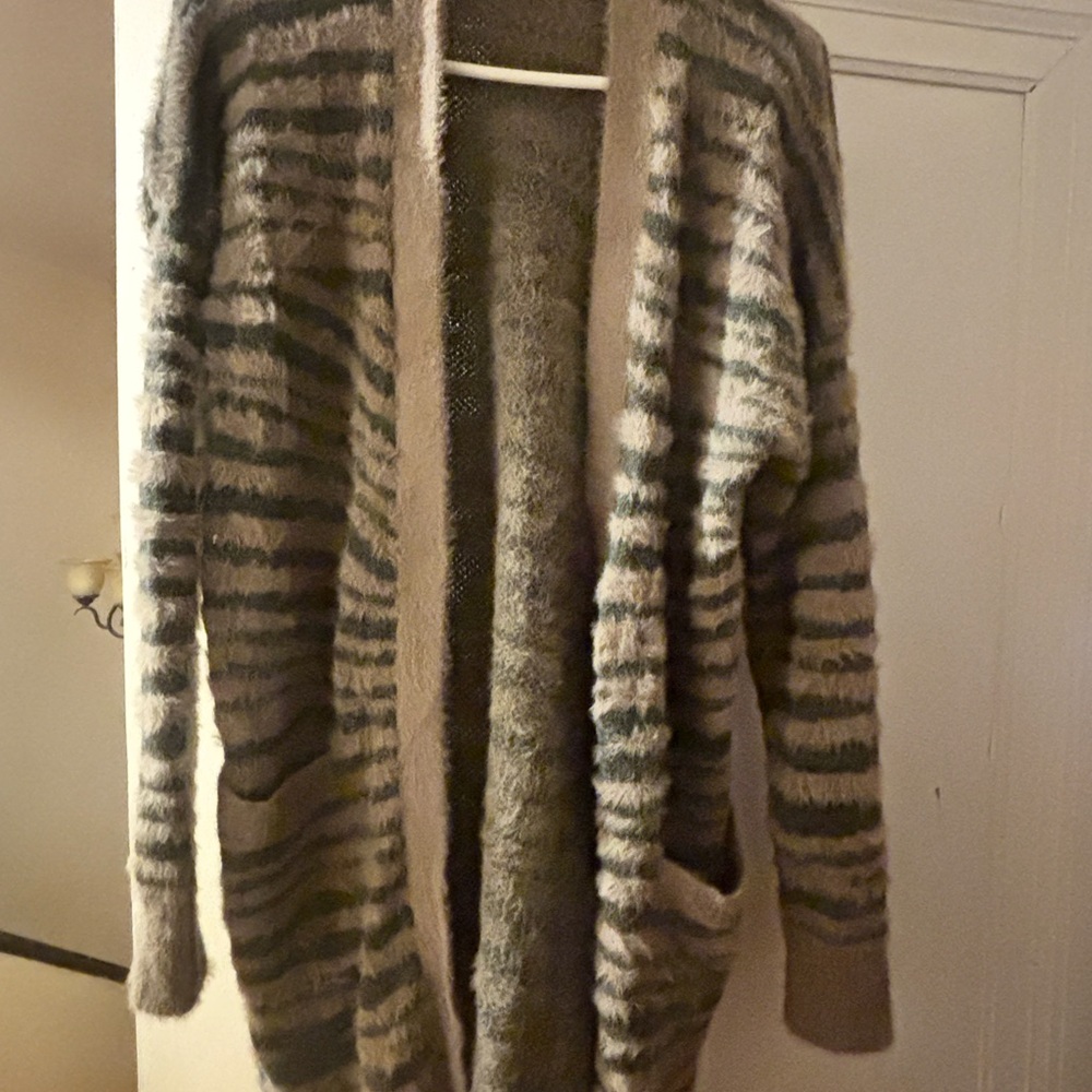 Jessica Simpson Fuzzy Striped Cardigan in Gray and Black